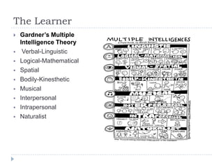 The Learner
 Gardner’s Multiple
Intelligence Theory
 Verbal-Linguistic
 Logical-Mathematical
 Spatial
 Bodily-Kinesthetic
 Musical
 Interpersonal
 Intrapersonal
 Naturalist
 