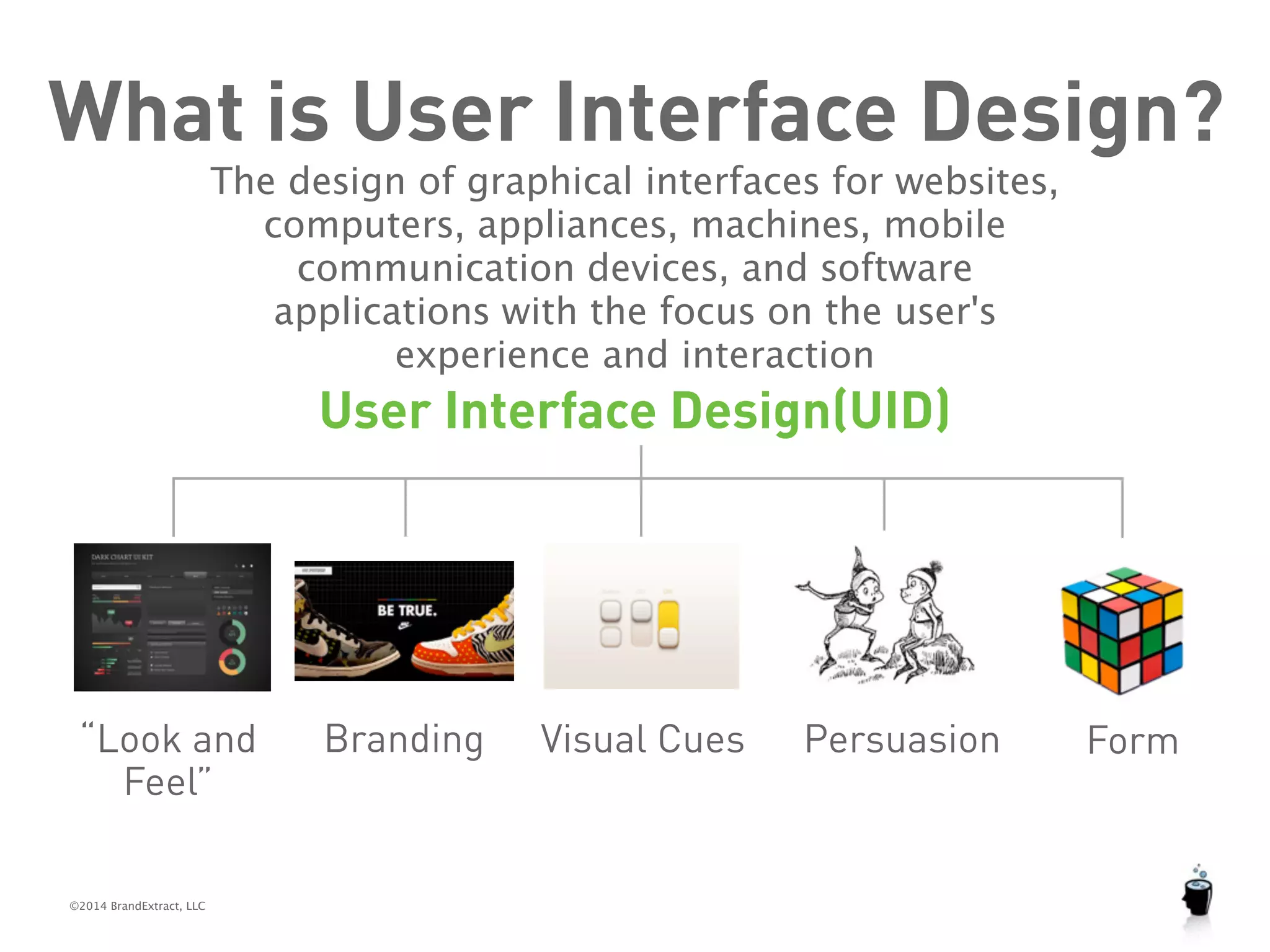 What is User Interface Design? 
©2014 BrandExtract, LLC 
The design of graphical interfaces for websites, 
computers, appliances, machines, mobile 
communication devices, and software 
applications with the focus on the user's 
experience and interaction 
User Interface Design(UID) 
“Look and 
Feel” 
Branding Visual Cues Persuasion Form 
 