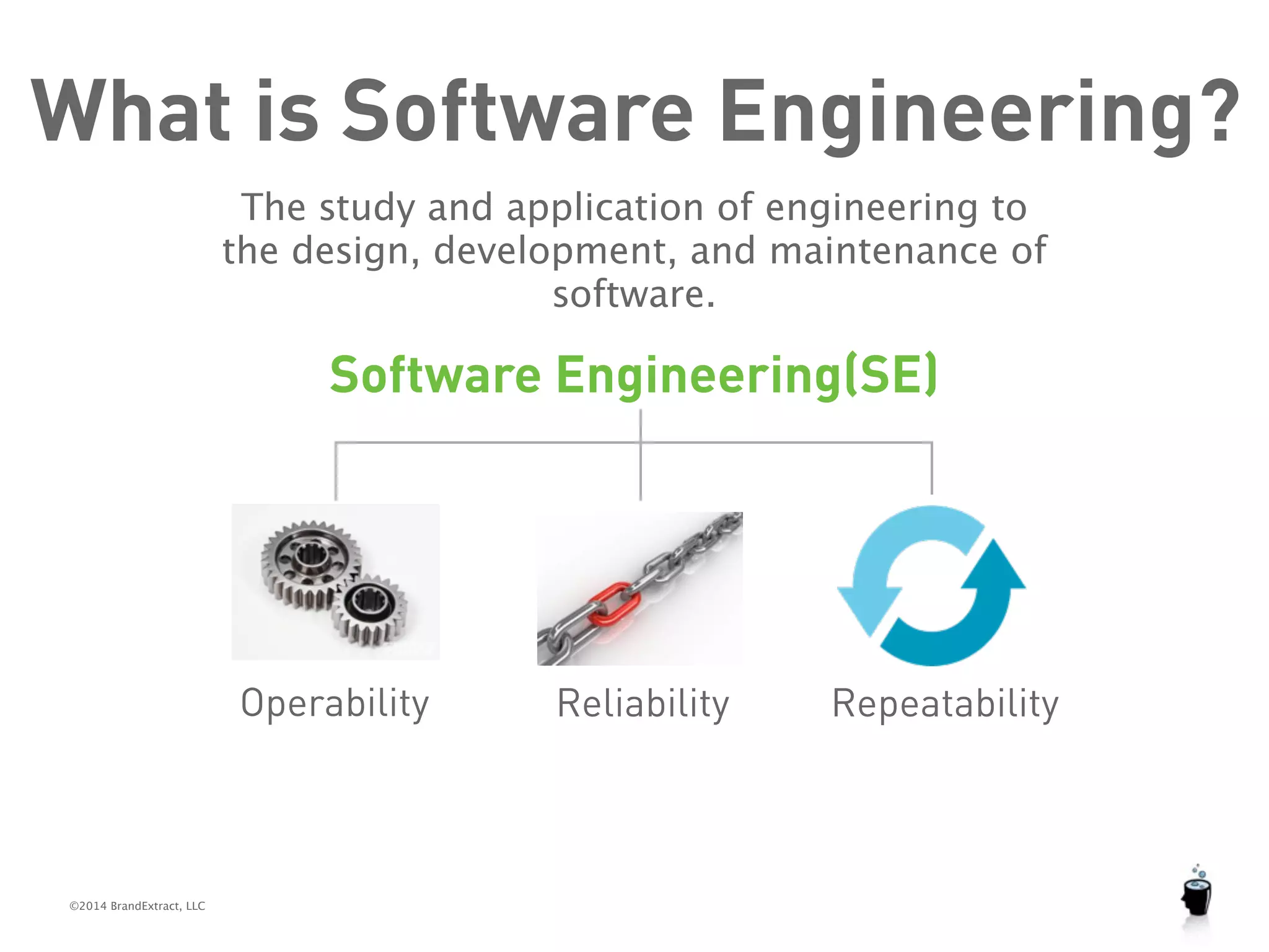 What is Software Engineering? 
©2014 BrandExtract, LLC 
The study and application of engineering to 
the design, development, and maintenance of 
software. 
Software Engineering(SE) 
Operability Reliability Repeatability 
 