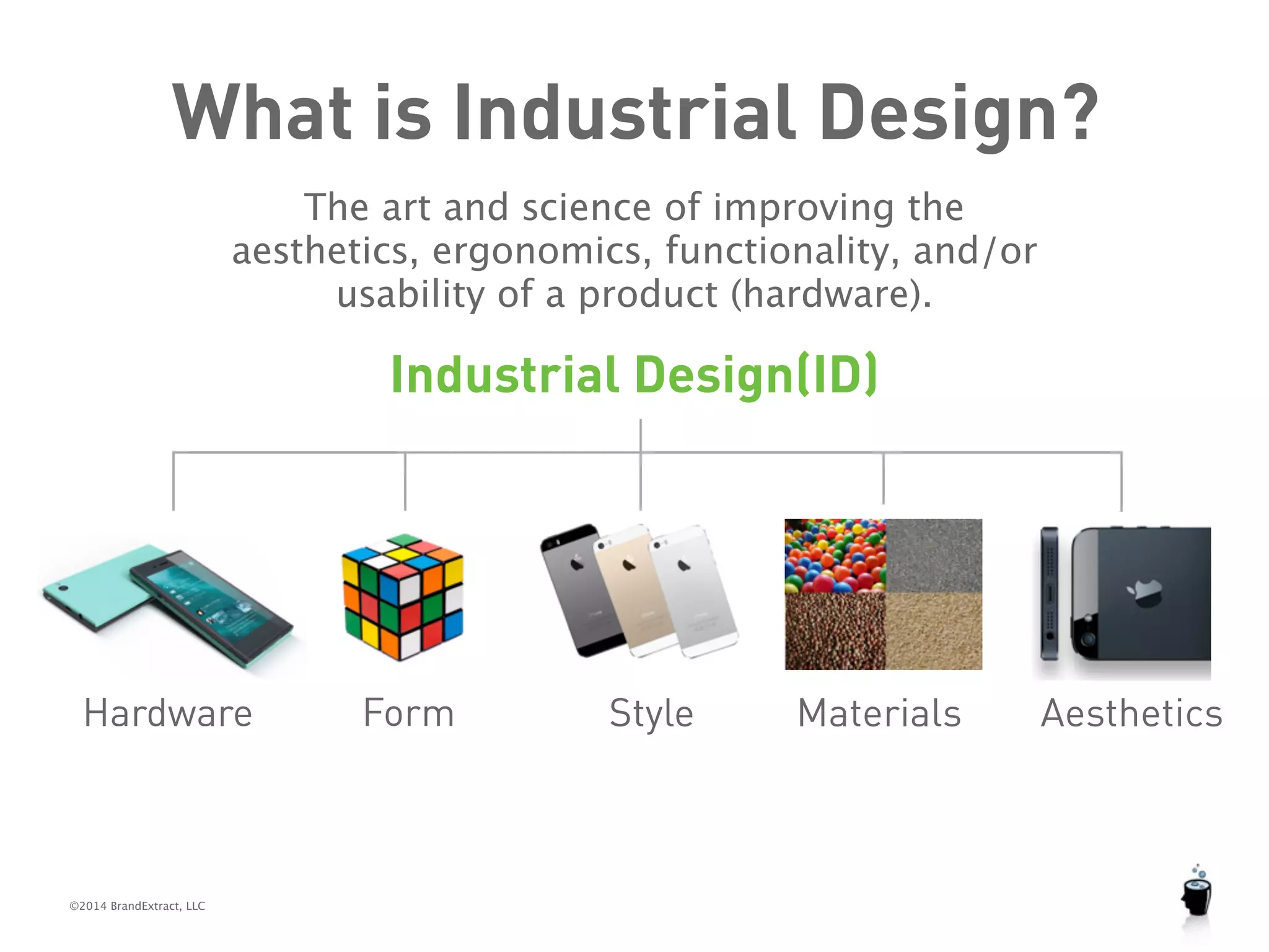 What is Industrial Design? 
©2014 BrandExtract, LLC 
The art and science of improving the 
aesthetics, ergonomics, functionality, and/or 
usability of a product (hardware). 
Industrial Design(ID) 
Hardware Form Style Materials Aesthetics 
 