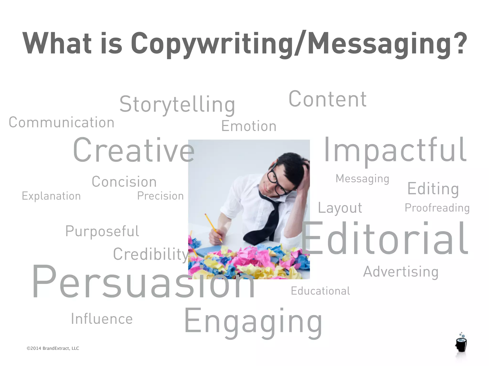 What is Copywriting/Messaging? 
Communication 
Storytelling 
Creative 
©2014 BrandExtract, LLC 
Content 
Impactful 
Editorial 
Advertising 
Explanation 
Layout 
Precision 
Credibility 
Influence 
Proofreading 
Purposeful 
Emotion 
Engaging 
Concision 
Messaging Editing 
Educational 
Persuasion 
 