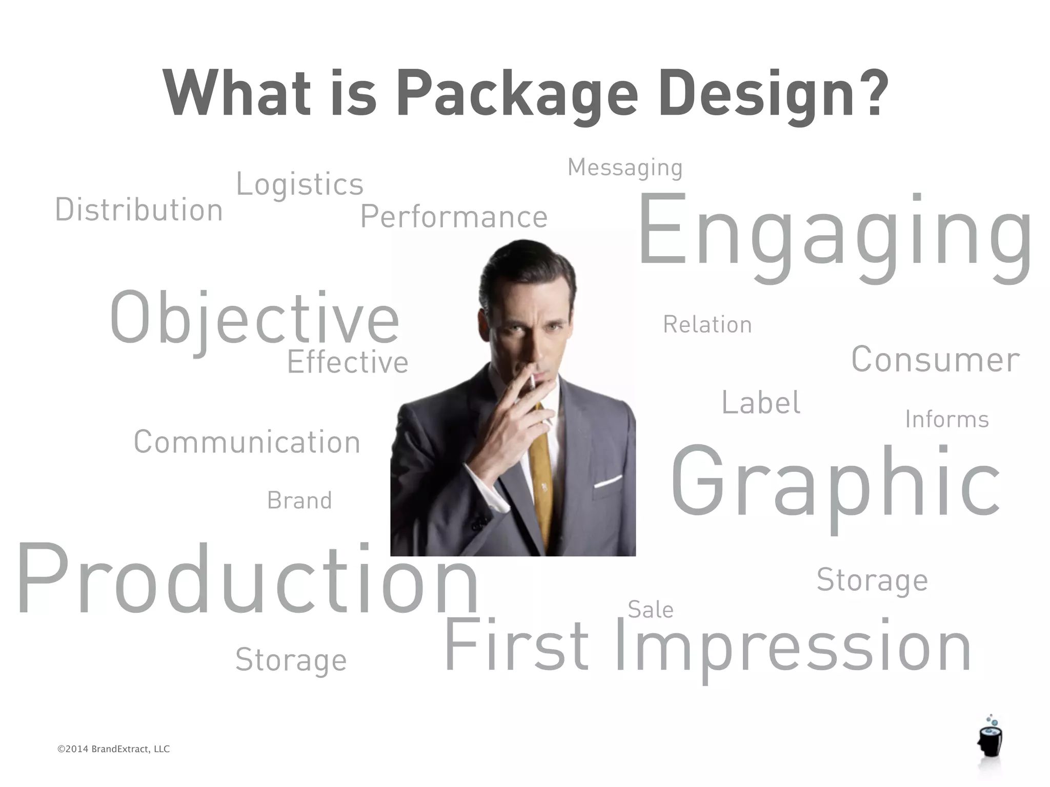 What is Package Design? 
Logistics 
Performance 
Objective 
©2014 BrandExtract, LLC 
Messaging 
Engaging 
Graphic 
Storage 
Label 
Effective 
Storage 
Informs 
Communication 
First Impression 
Brand 
Distribution 
Relation 
Consumer 
Sale 
Production 
 