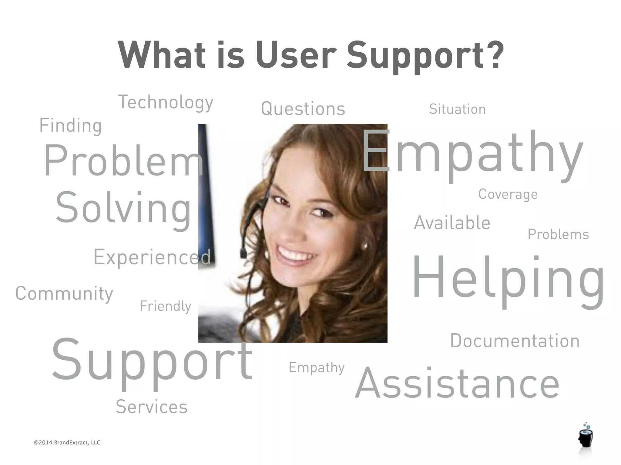 Technology 
Problem Empathy 
Solving 
©2014 BrandExtract, LLC 
What is User Support? 
Helping 
Documentation 
Finding 
Available 
Services 
Problems 
Community 
Questions 
Assistance 
Friendly 
Coverage 
Experienced 
Empathy 
Situation 
Support 
