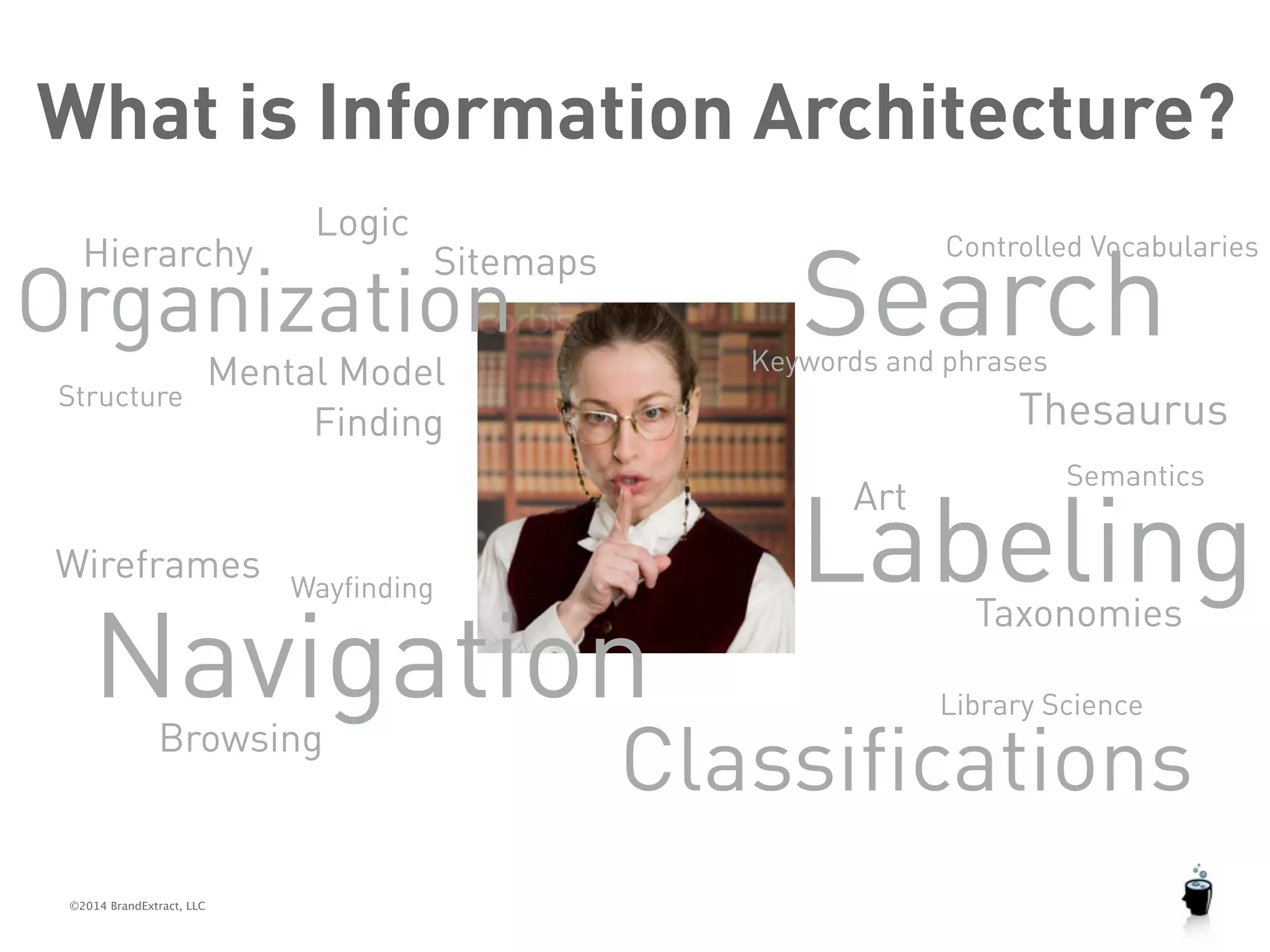 What is Information Architecture? 
Logic 
Organization 
©2014 BrandExtract, LLC 
Search 
Controlled Vocabularies 
Labeling 
Taxonomies 
Mental Model 
Structure Finding 
Art 
Browsing 
Semantics 
Wireframes 
Sitemaps 
Classifications 
Wayfinding 
Hierarchy 
Keywords and phrases 
Thesaurus 
Library Science 
Navigation 
 