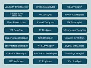 Information Architect 
User Researcher 
UX Designer 
Experience Designer 
Interaction Designer 
Content Strategist 
Produc...
