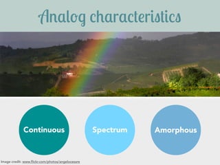 Continuous Spectrum Amorphous 
Which sounds more like digital 
design and UX work? 
Discrete On or off Unambiguous 
 