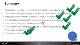 Summary
•   “approaches for near-real time Business Intelligence and Analytics”
•   “Info. on technologies ranging from Hadoop to Dremel to Event Streaming “
•   “applicability and limitations of these when in the Cloud”
•   “high-level architectures that must be considered will be shared”
•   “entertained, energized, and enlightened”
•   “realistic frame of reference to bring back to their organization”
•   “Journey to the Clouds”
•   “Dumbo can really fly”



                                        13
 