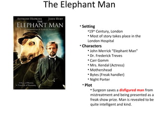 The Elephant Man
• Setting
•19th
Century, London
• Most of story takes place in the
London Hospital
• Characters
• John Merrick “Elephant Man”
• Dr. Frederick Treves
• Carr Gomm
• Mrs. Kendal (Actress)
• Mothershead
• Bytes (Freak handler)
• Night Porter
• Plot
• Surgeon saves a disfigured man from
mistreatment and being presented as a
freak show prize. Man is revealed to be
quite intelligent and kind.
 