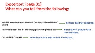 Exposition: (page 31)
What can you tell from the following:
Martin is a twelve-year old boy who is “uncomfortable in elevators”.
(line 4)
He fears that they might fall.
“bullied at school” (line 25) and “always picked last” (lines 25-26) He is not very popular with
his classmates.
“get used to it” (line 24) He will try to deal with his fear of elevators.
 