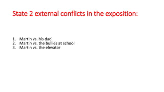 State 2 external conflicts in the exposition:
1. Martin vs. his dad
2. Martin vs. the bullies at school
3. Martin vs. the elevator
 