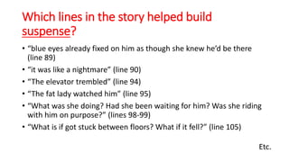 Which lines in the story helped build
suspense?
• “blue eyes already fixed on him as though she knew he’d be there
(line 89)
• “it was like a nightmare” (line 90)
• “The elevator trembled” (line 94)
• “The fat lady watched him” (line 95)
• “What was she doing? Had she been waiting for him? Was she riding
with him on purpose?” (lines 98-99)
• “What is if got stuck between floors? What if it fell?” (line 105)
Etc.
 