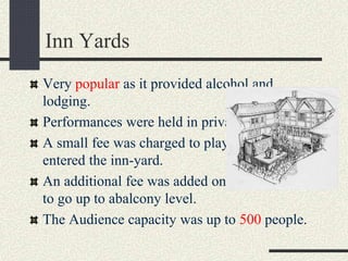 Inn Yards
Very popular as it provided alcohol and
lodging.
Performances were held in private Inns.
A small fee was charged to playgoers as they
entered the inn-yard.
An additional fee was added onif they wanted
to go up to abalcony level.
The Audience capacity was up to 500 people.
 