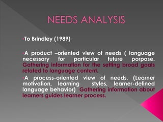 •To Brindley (1989)
•A product –oriented view of needs ( language
necessary for particular future porpose.
Gathering information for the setting broad goals
related to language content.
•A process-oriented view of needs. (Learner
motivation, learning styles, learner-defined
language behavior) Gathering information about
learners guides learner process.
 