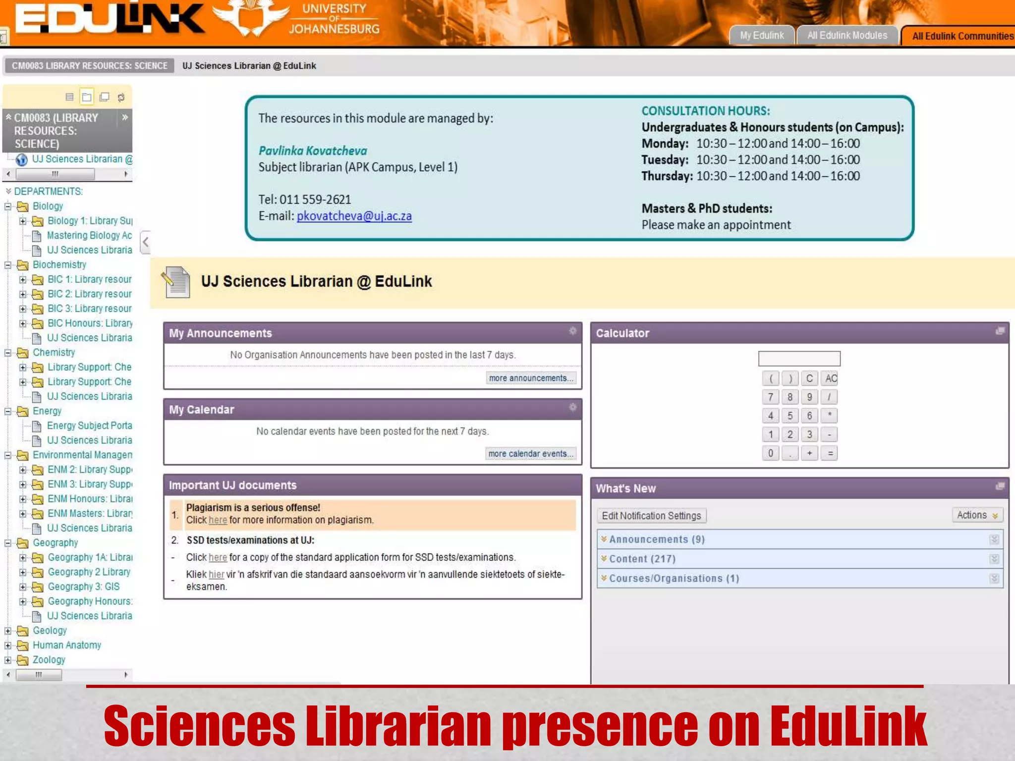 Sciences Librarian presence on EduLink
 