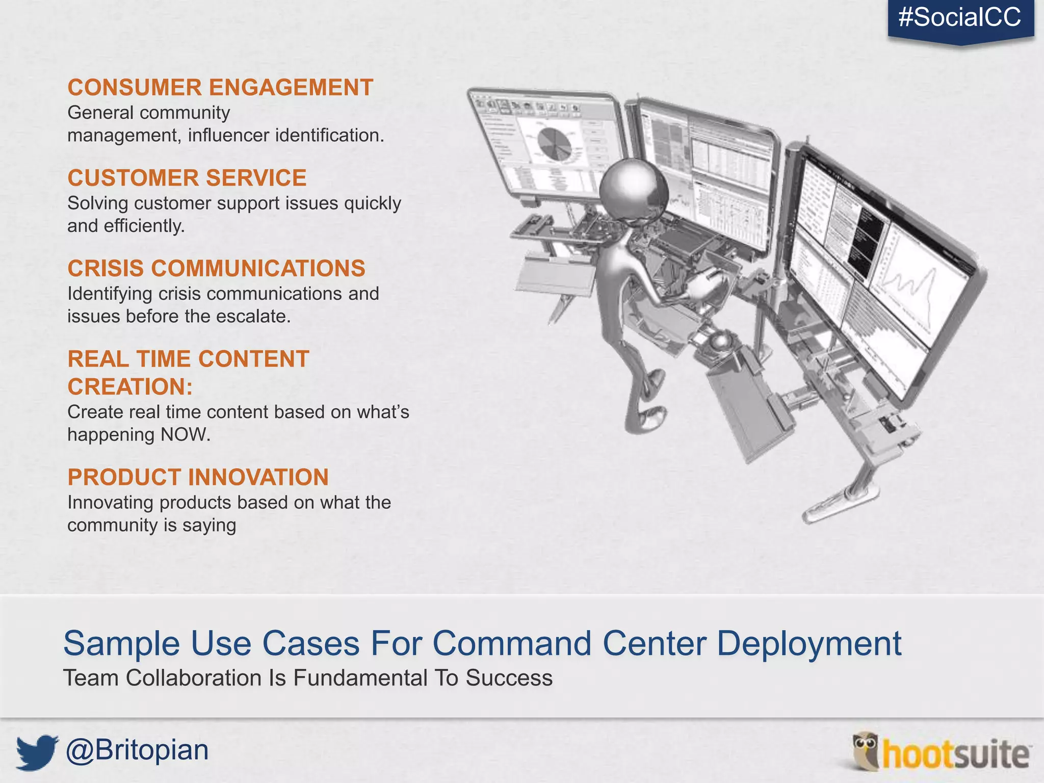 #SocialCC

CONSUMER ENGAGEMENT
General community
management, influencer identification.

CUSTOMER SERVICE
Solving customer support issues quickly
and efficiently.

CRISIS COMMUNICATIONS
Identifying crisis communications and
issues before the escalate.

REAL TIME CONTENT
CREATION:
Create real time content based on what’s
happening NOW.

PRODUCT INNOVATION
Innovating products based on what the
community is saying




Sample Use Cases For Command Center Deployment
Team Collaboration Is Fundamental To Success


@Britopian
 