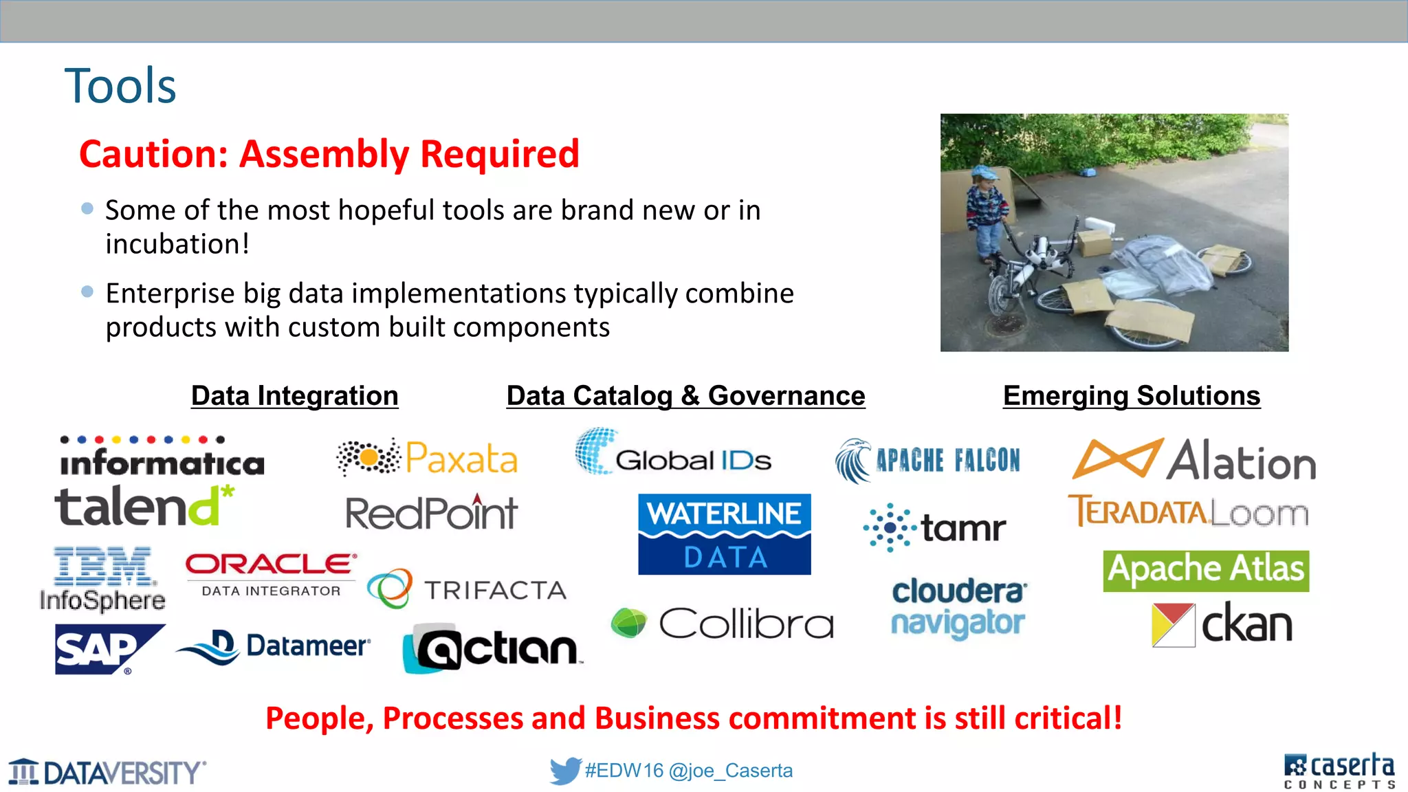 #EDW16 @joe_Caserta
Caution: Assembly Required
 Some of the most hopeful tools are brand new or in
incubation!
 Enterprise big data implementations typically combine
products with custom built components
Tools
People, Processes and Business commitment is still critical!
Data Integration Data Catalog & Governance Emerging Solutions
 