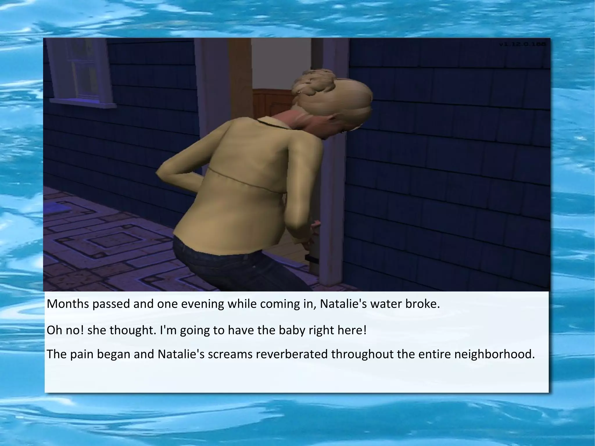 Months passed and one evening while coming in, Natalie's water broke.
Oh no! she thought. I'm going to have the baby right here!
The pain began and Natalie's screams reverberated throughout the entire neighborhood.
 