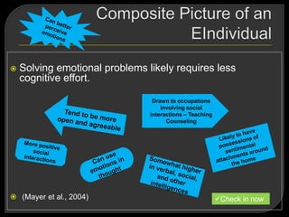  Solving emotional problems likely requires less
cognitive effort.
 (Mayer et al., 2004)
Drawn to occupations
involving social
interactions – Teaching
Counseling
Check in now
 