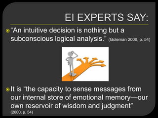 ―An intuitive decision is nothing but a
subconscious logical analysis.‖ (Goleman 2000, p. 54)
It is ―the capacity to sense messages from
our internal store of emotional memory—our
own reservoir of wisdom and judgment‖
(2000, p. 54)
 