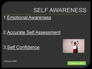 1.Emotional Awareness
2.Accurate Self Assessment
3.Self Confidence
(Goleman 2000)
Check in now
 