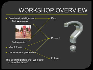  Emotional Intelligence
• Self awareness
• Self regulation
 Mindfulness
 Unconscious processes
The exciting part is that we get to
create the future!
 Past
 Present
 Future
 
