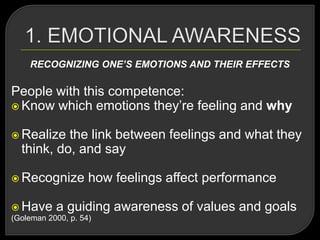 RECOGNIZING ONE’S EMOTIONS AND THEIR EFFECTS
People with this competence:
 Know which emotions they‘re feeling and why
 Realize the link between feelings and what they
think, do, and say
 Recognize how feelings affect performance
 Have a guiding awareness of values and goals
(Goleman 2000, p. 54)
 