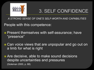 A STRONG SENSE OF ONE’S SELF-WORTH AND CAPABILITIES
People with this competence:
 Present themselves with self-assurance; have
―presence‖
 Can voice views that are unpopular and go out on
a limb for what is right
 Are decisive, able to make sound decisions
despite uncertainties and pressures
(Goleman 2000, p. 68)
 