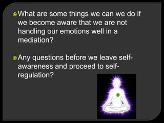 What are some things we can we do if
we become aware that we are not
handling our emotions well in a
mediation?
Any questions before we leave self-
awareness and proceed to self-
regulation?
 
