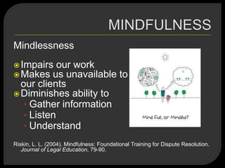 Mindlessness
Impairs our work
Makes us unavailable to
our clients
Diminishes ability to
• Gather information
• Listen
• Understand
Riskin, L. L. (2004). Mindfulness: Foundational Training for Dispute Resolution.
Journal of Legal Education, 79-90.
 