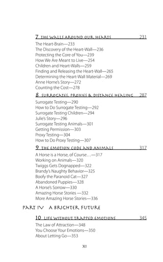7  The Walls Around Our Hearts               231
    The Heart-Brain—233
    The Discovery of the Heart-Wall—236
    Protecting the Core of You—239
    How We Are Meant to Live—254
    Children and Heart-Walls—259
    Finding and Releasing the Heart-Wall—265
    Determining the Heart-Wall Material—269
    Anne Horne’s Story—272
    Counting the Cost—278
    8   Surrogates, Proxies  Distance Healing   287
    Surrogate Testing—290
    How to Do Surrogate Testing—292
    Surrogate Testing Children—294
    Julie’s Story—296
    Surrogate Testing Animals—301
    Getting Permission—303
    Proxy Testing—304
    How to Do Proxy Testing—307
    9  The Emotion Code and Animals              317
    A Horse is a Horse, of Course…—317
    Working on Animals—320
    Twiggs Gets Dognapped—322
    Brandy’s Naughty Behavior—325
    Boofy the Paranoid Cat—327
    Abandoned Puppies—328
    A Horse’s Sorrow—330
    Amazing Horse Stories —332
    More Amazing Horse Stories—336

Part IV  A Brighter Future
    10  Life Without Trapped Emotions            345
    The Law of Attraction—348
    You Choose Your Emotions—350
    About Letting Go—353

                            xi
 