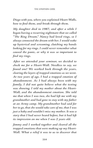 The Emotion Code



Diego with you, where you explained Heart-Walls,
how to find them, and break through them.
My daughter died in 1987, and after a while I
began having a recurring nightmare that we called
“The Ring Dream.” Nancy had loved rings, so I
always connected the dream with her. I would wake
up hysterical and screaming, clutching my hands
looking for my rings. I could never remember what
caused the panic, or why it was so important to
find my rings.
After we attended your seminar, we decided to
check me for a Heart-Wall. Needless to say, we
found one! We worked back through the years,
clearing the layers of trapped emotions as we went.
At two years of age, I had a trapped emotion of
abandonment. As I had always been with my
family, I did not quite believe what the testing
was showing. I told my mother about the Heart-
Wall, and the abandonment emotion. She told
me that when I was two, she had left me with my
grandmother and had gone to stay with my father
at an Army camp. My grandmother had said for
her to go, that she would take care of me, that I was
just a baby and wouldn’t miss my mother. It was a
story that I had never heard before, but it had left
its impression on me when I was 2 years old.
Jimmy and I worked together and cleared all the
trapped emotions that were making up my Heart-
Wall. What a relief it was to us to discover that

                        264
 