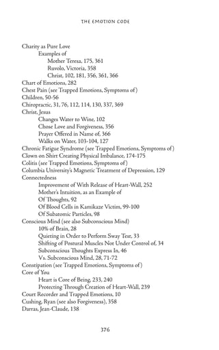 The Emotion Code



Charity as Pure Love
	       Examples of
		 Mother Teresa, 175, 361
		 Ruvolo, Victoria, 358
		 Christ, 102, 181, 356, 361, 366
Chart of Emotions, 282
Chest Pain (see Trapped Emotions, Symptoms of )
Children, 50-56
Chiropractic, 31, 76, 112, 114, 130, 337, 369
Christ, Jesus
	       Changes Water to Wine, 102
	       Chose Love and Forgiveness, 356
	       Prayer Offered in Name of, 366
	       Walks on Water, 103-104, 127
Chronic Fatigue Syndrome (see Trapped Emotions, Symptoms of )
Clown on Shirt Creating Physical Imbalance, 174-175
Colitis (see Trapped Emotions, Symptoms of )
Columbia University’s Magnetic Treatment of Depression, 129
Connectedness
	       Improvement of With Release of Heart-Wall, 252
	       Mother’s Intuition, as an Example of
	       Of Thoughts, 92
	       Of Blood Cells in Kamikaze Victim, 99-100
	       Of Subatomic Particles, 98
Conscious Mind (see also Subconscious Mind)
	       10% of Brain, 28
	       Quieting in Order to Perform Sway Test, 33
	       Shifting of Postural Muscles Not Under Control of, 34
	       Subconscious Thoughts Express In, 46
	       Vs. Subconscious Mind, 28, 71-72
Constipation (see Trapped Emotions, Symptoms of )
Core of You
	       Heart is Core of Being, 233, 240
	       Protecting Through Creation of Heart-Wall, 239
Court Recorder and Trapped Emotions, 10
Cushing, Ryan (see also Forgiveness), 358
Darras, Jean-Claude, 138


                               376
 
