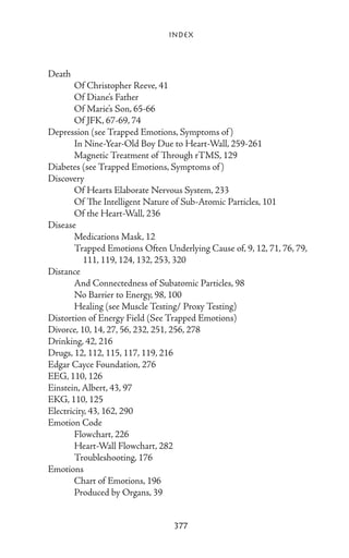 Index



Death
	       Of Christopher Reeve, 41
	       Of Diane’s Father
	       Of Marie’s Son, 65-66
	       Of JFK, 67-69, 74
Depression (see Trapped Emotions, Symptoms of )
	       In Nine-Year-Old Boy Due to Heart-Wall, 259-261
	       Magnetic Treatment of Through rTMS, 129
Diabetes (see Trapped Emotions, Symptoms of )
Discovery
	       Of Hearts Elaborate Nervous System, 233
	       Of The Intelligent Nature of Sub-Atomic Particles, 101
	       Of the Heart-Wall, 236
Disease
	       Medications Mask, 12
	       Trapped Emotions Often Underlying Cause of, 9, 12, 71, 76, 79,
           111, 119, 124, 132, 253, 320
Distance
	       And Connectedness of Subatomic Particles, 98
	       No Barrier to Energy, 98, 100
	       Healing (see Muscle Testing/ Proxy Testing)
Distortion of Energy Field (See Trapped Emotions)
Divorce, 10, 14, 27, 56, 232, 251, 256, 278
Drinking, 42, 216
Drugs, 12, 112, 115, 117, 119, 216
Edgar Cayce Foundation, 276
EEG, 110, 126
Einstein, Albert, 43, 97
EKG, 110, 125
Electricity, 43, 162, 290
Emotion Code
	       Flowchart, 226
	       Heart-Wall Flowchart, 282
	       Troubleshooting, 176
Emotions
	       Chart of Emotions, 196
	       Produced by Organs, 39


                                  377
 