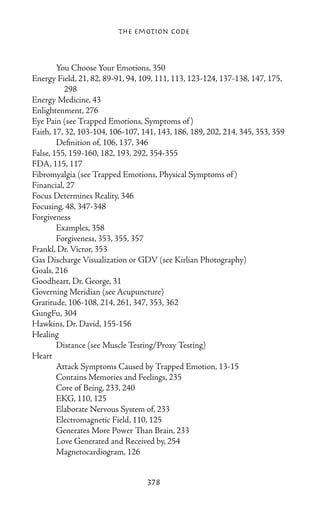 The Emotion Code



	       You Choose Your Emotions, 350
Energy Field, 21, 82, 89-91, 94, 109, 111, 113, 123-124, 137-138, 147, 175,
          298
Energy Medicine, 43
Enlightenment, 276
Eye Pain (see Trapped Emotions, Symptoms of )
Faith, 17, 32, 103-104, 106-107, 141, 143, 186, 189, 202, 214, 345, 353, 359
	       Definition of, 106, 137, 346
False, 155, 159-160, 182, 193, 292, 354-355
FDA, 115, 117
Fibromyalgia (see Trapped Emotions, Physical Symptoms of )
Financial, 27
Focus Determines Reality, 346
Focusing, 48, 347-348
Forgiveness
	       Examples, 358
	       Forgiveness, 353, 355, 357
Frankl, Dr. Victor, 353
Gas Discharge Visualization or GDV (see Kirlian Photography)
Goals, 216
Goodheart, Dr. George, 31
Governing Meridian (see Acupuncture)
Gratitude, 106-108, 214, 261, 347, 353, 362
GungFu, 304
Hawkins, Dr. David, 155-156
Healing
	       Distance (see Muscle Testing/Proxy Testing)
Heart
	       Attack Symptoms Caused by Trapped Emotion, 13-15
	       Contains Memories and Feelings, 235
	       Core of Being, 233, 240
	       EKG, 110, 125
	       Elaborate Nervous System of, 233
	       Electromagnetic Field, 110, 125
	       Generates More Power Than Brain, 233
	       Love Generated and Received by, 254
	       Magnetocardiogram, 126


                                  378
 