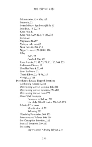 The Emotion Code



		 Inflammation, 133, 170, 215
		 Insomnia, 22
		 Irritable Bowel Syndrome (IBS), 22
		 Joint Pain, 16, 22, 78
		 Knee Pain, 17
		 Knee Pain, 4, 20, 22, 134-135, 216
		 Lupus, 22
		 Migraines, 22, 207
		 Multiple Sclerosis, 22
		 Neck Pain, 22, 252-254
		 Night Terrors, 4, 22, 80-81, 116
		 Palsy
			          Bell’s, 22
			          Cerebral, 296, 300
		 Panic Attacks, 22, 53, 55, 79, 81, 116, 264, 335
		 Parkinson’s Disease, 22
		 Shoulder Pain, 4, 22, 65
		 Sinus Problems, 22
		 Tennis Elbow, 22, 75-76, 217
		 Vertigo, 22, 128
	 Procedure to Release Trapped Emotions
		 Confirming Release of, 213
		 Determining Correct Column, 198, 221
		 Determining Correct Emotion, 196, 268
		 Determining Correct Row, 199
		 Heart-Wall Emotions
			          Procedure to Release, 241
			          Use of the Word Hidden, 266-267, 273
		 Inherited Emotions
			          Identification of, 221
			          Releasing, 222
		 Obtaining Permission, 303, 323
		 Permanence of Release, 140, 214
		 Pre-Conception Emotions, 222
		 Prenatal Emotions, 219-220
		 Processing
			          Importance of Advising Subject, 218


                             386
 