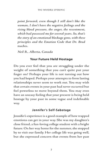The Invisible Epidemic



  point forward, even though I still don’t like the
  woman, I don’t have the negative feelings and the
  rising blood pressure, the anger, the resentment,
  which had possessed me for several years. So, that’s
  the story of an emotional blockage gone, with these
  principles and the Emotion Code that Dr. Brad
  teaches.
  Neil B., Alberta, Canada

            Your Future Held Hostage

Do you ever feel that you are struggling under the
weight of something that you can’t quite put your
finger on? Perhaps your life is not turning out how
you had hoped. Perhaps your attempts to form lasting
relationships never seem to work out. You may wish
that certain events in your past had never occurred but
feel powerless to move beyond them. You may even
have an uneasy feeling that your present is being held
hostage by your past in some vague and indefinable
way.

             J e nni fe r ’s S e l f-S ab ot ag e
Jennifer’s experience is a good example of how trapped
emotions can get in your way. She was my daughter’s
close friend, a fun-loving college student with a bright
future. On her way home for the summer, she stopped
by to visit our family. Her college life was going well,
but she expressed concern that events from her past



                              
 