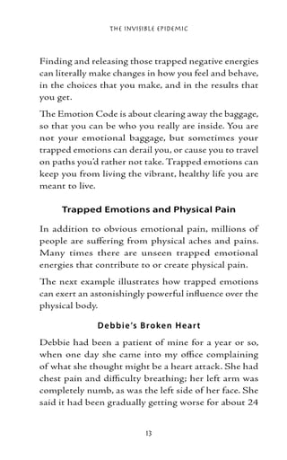 The Invisible Epidemic



Finding and releasing those trapped negative energies
can literally make changes in how you feel and behave,
in the choices that you make, and in the results that
you get.
The Emotion Code is about clearing away the baggage,
so that you can be who you really are inside. You are
not your emotional baggage, but sometimes your
trapped emotions can derail you, or cause you to travel
on paths you’d rather not take. Trapped emotions can
keep you from living the vibrant, healthy life you are
meant to live.

     Trapped Emotions and Physical Pain

In addition to obvious emotional pain, millions of
people are suffering from physical aches and pains.
Many times there are unseen trapped emotional
energies that contribute to or create physical pain.
The next example illustrates how trapped emotions
can exert an astonishingly powerful influence over the
physical body.

              D e b b ie ’s B r o ke n H e ar t
Debbie had been a patient of mine for a year or so,
when one day she came into my office complaining
of what she thought might be a heart attack. She had
chest pain and difficulty breathing; her left arm was
completely numb, as was the left side of her face. She
said it had been gradually getting worse for about 24


                             13
 