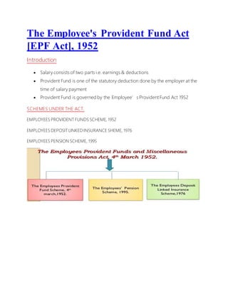 The Employee's Provident Fund Act
[EPF Act], 1952
Introduction
 Salary consists of two parts i.e. earnings & deductions
 Provident Fund is one of the statutory deduction done by the employer at the
time of salary payment
 Provident Fund is governed by the Employee’s Provident Fund Act 1952
SCHEMES UNDER THE ACT.
EMPLOYEES PROVIDENT FUNDS SCHEME, 1952
EMPLOYEES DEPOSIT LINKED INSURANCE SHEME, 1976
EMPLOYEES PENSION SCHEME, 1995
 