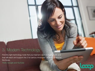 3. Modern Technology
Find the right technology tools that your learners want to engage with and
that will reach and support the 21st century employee - both today and for
the future.
Think: Google and YouTube
 