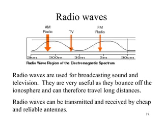 19
Radio waves
Radio waves are used for broadcasting sound and
television. They are very useful as they bounce off the
ionosphere and can therefore travel long distances.
Radio waves can be transmitted and received by cheap
and reliable antennas.
 
