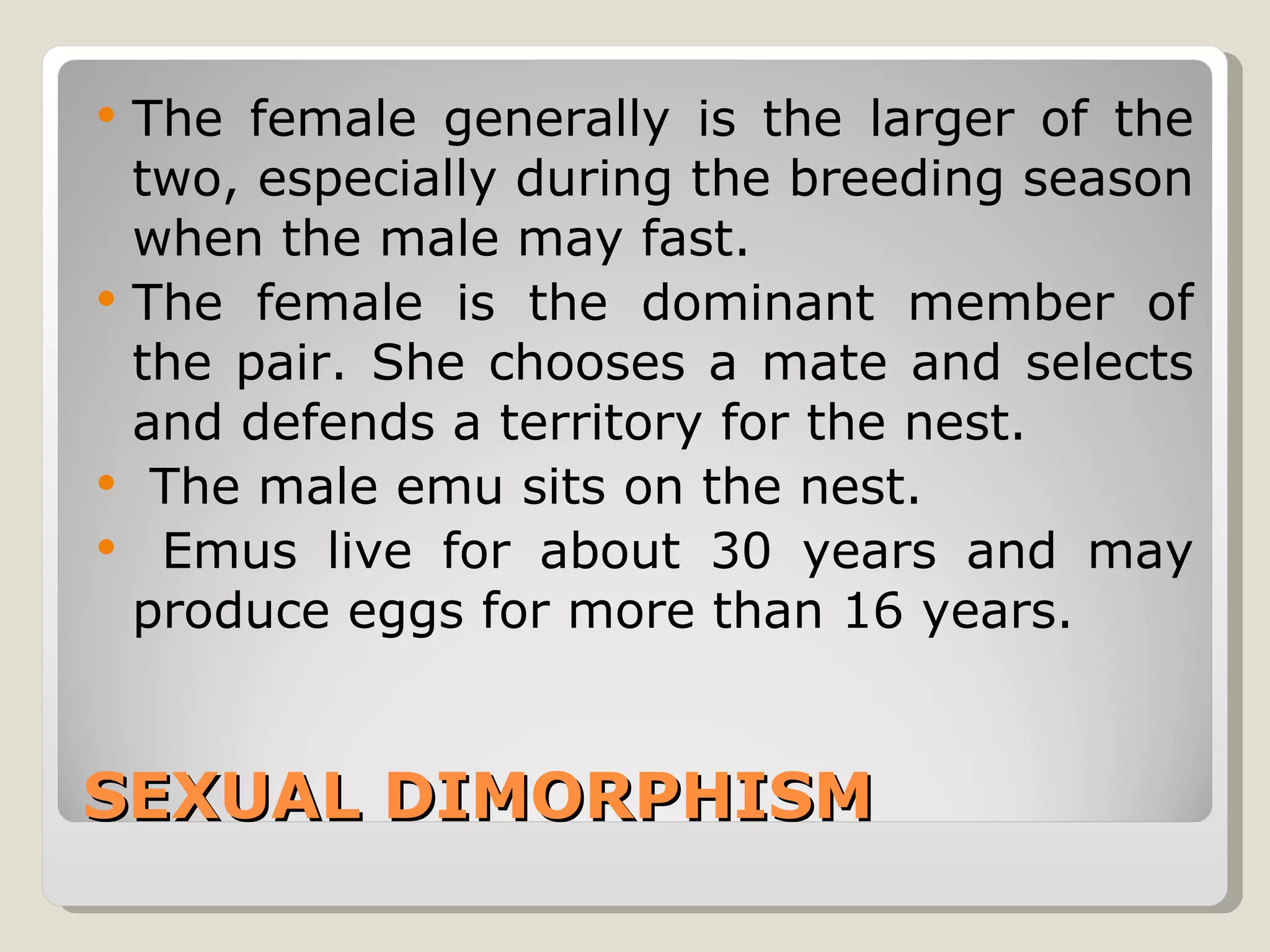 SEXUAL DIMORPHISM The female generally is the larger of the two, especially during the breeding season when the male may fast.  The female is the dominant member of the pair. She chooses a mate and selects and defends a territory for the nest. The male emu sits on the nest. Emus live for about 30 years and may produce eggs for more than 16 years. 