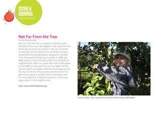 EATING &
GROWING
The Innovations




Not Far From the Tree
Toronto, Ontario (Canada)

Not Far From the Tree is a network of residents and
local food enthusiasts who together help make the most
of the natural resources present in the city of Toronto,
connecting fruit tree owners and volunteers through a
residential fruit-picking program designed to harvests
fruits that would otherwise go to waste. In 2008, over
3000 pounds of local fruit was picked from a handful of
neighborhoods, while just a year later that number grew
to over 8000 pounds, with fruit such as sweet cherries,
apricots, pears, and apples collected and donated across
the city. At the end of the process, one third of all fruit
goes to tree owners, another third to volunteers, and
the remaining third is delivered by bike or cart to local
organizations in the neighborhood.

http://www.notfarfromthetree.org/




                                                              Free Form Katia • http://www.flickr.com/photos/freeformkatia/4003232036/
 