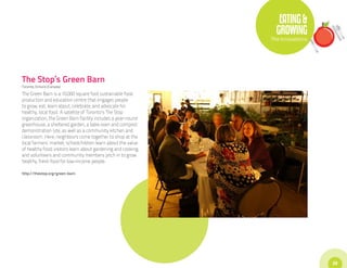 EATING &
                                                                 GROWING
                                                               The Innovations




The Stop’s Green Barn
Toronto, Ontario (Canada)

The Green Barn is a 10,000 square foot sustainable food
production and education centre that engages people
to grow, eat, learn about, celebrate, and advocate for
healthy, local food. A satellite of Toronto’s The Stop
organization, the Green Barn facility includes a year-round
greenhouse, a sheltered garden, a bake oven and compost
demonstration site, as well as a community kitchen and
classroom. Here, neighbours come together to shop at the
local farmers’ market; schoolchildren learn about the value
of healthy food; visitors learn about gardening and cooking;
and volunteers and community members pitch in to grow
healthy, fresh food for low-income people.

http://thestop.org/green-barn




                                                                                 29
 