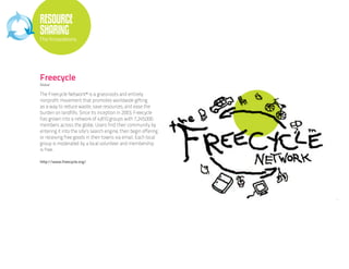 RESOURCE
SHARING
The Innovations




Freecycle
Global

The Freecycle Network™ is a grassroots and entirely
nonprofit movement that promotes worldwide gifting
as a way to reduce waste, save resources, and ease the
burden on landfills. Since its inception in 2003, Freecycle
has grown into a network of 4,810 groups with 7,245,000
members across the globe. Users find their community by
entering it into the site’s search engine, then begin offering
or receiving free goods in their towns via email. Each local
group is moderated by a local volunteer and membership
is free.

http://www.freecycle.org/
 
