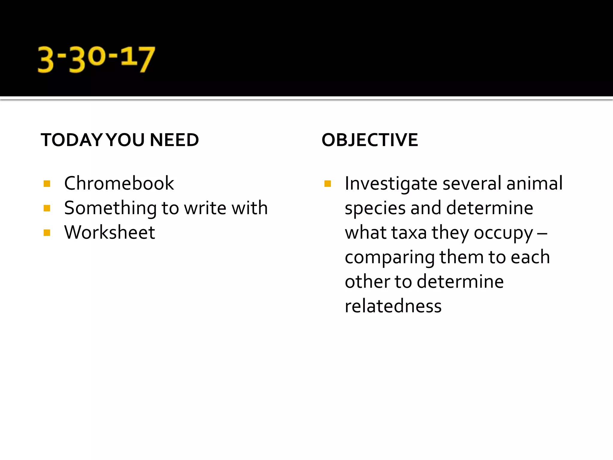 TODAYYOU NEED
Chromebook
Something to write with
Worksheet
OBJECTIVE
Investigate several animal
species and determine
what taxa they occupy –
comparing them to each
other to determine
relatedness