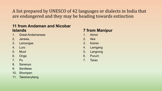 A list prepared by UNESCO of 42 languages or dialects in India that
are endangered and they may be heading towards extinction
11 from Andaman and Nicobar
Islands
1. Great Andamanese
2. Jarawa,
3. Lamongse
4. Luro
5. Muot
6. Onge
7. Pu
8. Sanenyo
9. Sentilese
10. Shompen
11. Takahanyilang
7 from Manipur
1. Aimol
2. Aka
3. Koiren
4. Lamgang
5. Langrong
6. Purum
7. Tarao
 