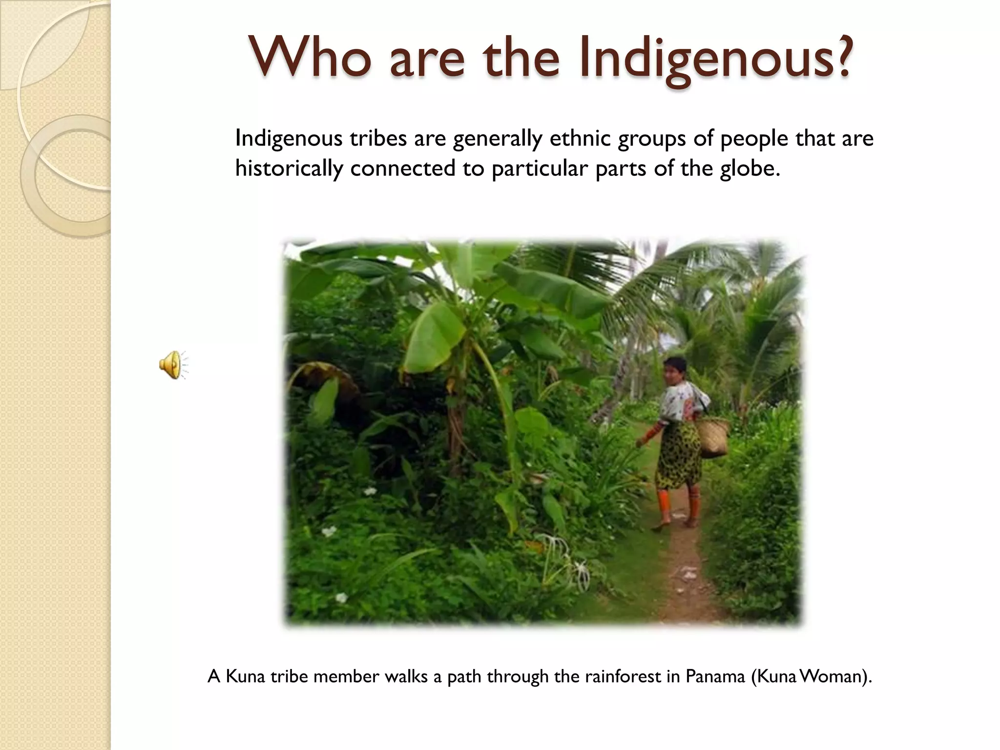 Who are the Indigenous?
   Indigenous tribes are generally ethnic groups of people that are
   historically connected to particular parts of the globe.




A Kuna tribe member walks a path through the rainforest in Panama (Kuna Woman).
 