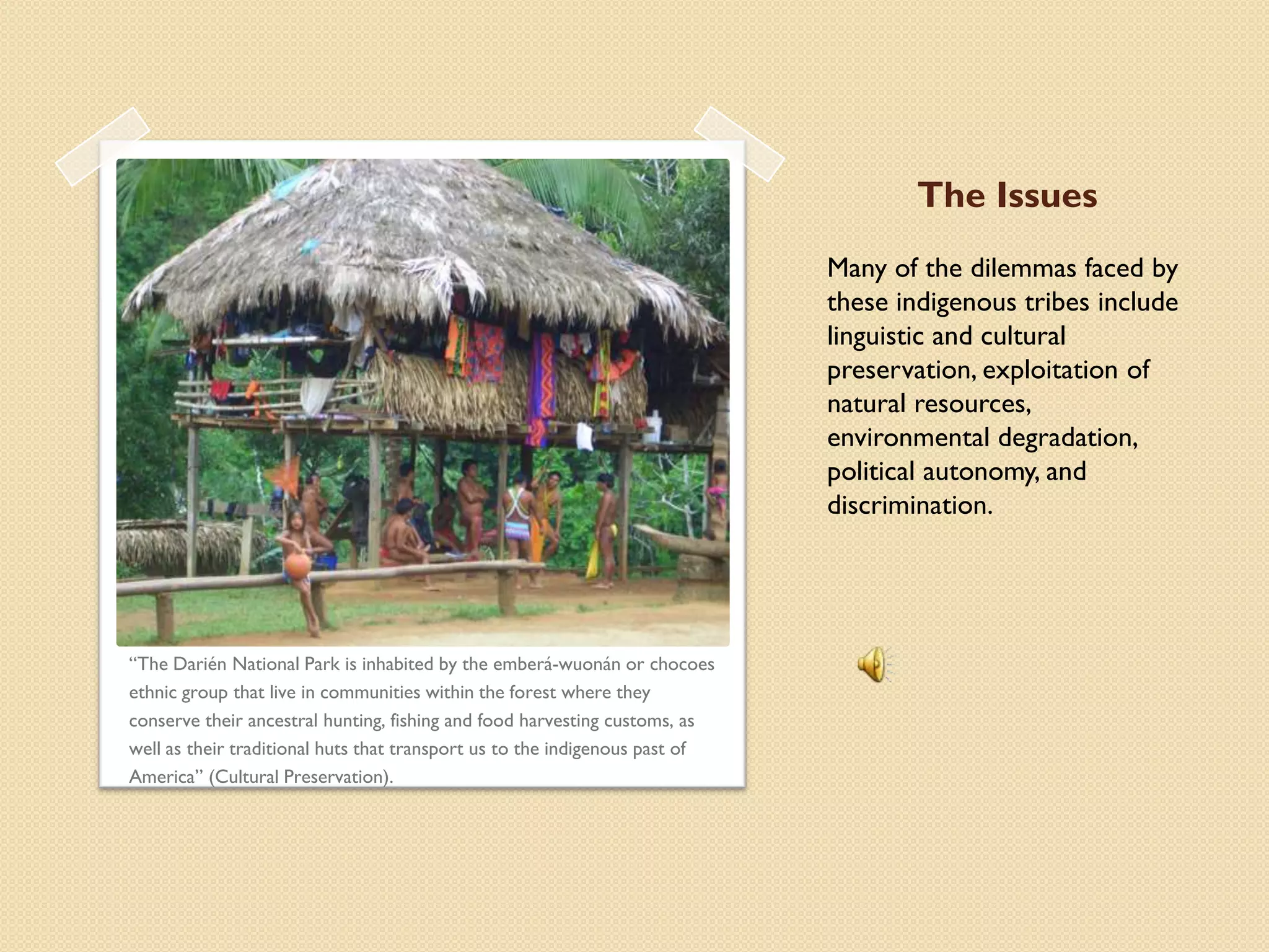 The Issues
                                                                             Many of the dilemmas faced by
                                                                             these indigenous tribes include
                                                                             linguistic and cultural
                                                                             preservation, exploitation of
                                                                             natural resources,
                                                                             environmental degradation,
                                                                             political autonomy, and
                                                                             discrimination.




“The Darién National Park is inhabited by the emberá-wuonán or chocoes
ethnic group that live in communities within the forest where they
conserve their ancestral hunting, fishing and food harvesting customs, as
well as their traditional huts that transport us to the indigenous past of
America” (Cultural Preservation).
 
