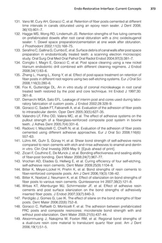 Endo-Restorative Interface: Current Concepts       373



131. Vano M, Cury AH, Goracci C, et al. Retention of fiber posts cemented at different
     time intervals in canals obturated using an epoxy resin sealer. J Dent 2008;
     36(10):801–7.
132. Hagge MS, Wong RD, Lindemuth JS. Retention strengths of five luting cements
     on prefabricated dowels after root canal obturation with a zinc oxide/eugenol
     sealer: 1. Dowel space preparation/cementation at one week after obturation.
     J Prosthodont 2002;11(3):168–75.
133. Serafino C, Gallina G, Cumbo E, et al. Surface debris of canal walls after post space
     preparation in endodontically treated teeth: a scanning electron microscopic
     study. Oral Surg Oral Med Oral Pathol Oral Radiol Endod 2004;97(3):381–7.
134. Coniglio I, Magni E, Goracci C, et al. Post space cleaning using a new nickel
     titanium endodontic drill combined with different cleaning regimens. J Endod
     2008;34(1):83–6.
135. Zhang L, Huang L, Xiong Y, et al. Effect of post-space treatment on retention of
     fiber posts in different root regions using two self-etching systems. Eur J Oral Sci
     2008;116(3):280–6.
136. Fox K, Gutteridge DL. An in vitro study of coronal microleakage in root canal
     treated teeth restored by the post and core technique. Int Endod J 1997;30:
     361–8.
137. Demarchi MGA, Sato EFL. Leakage of interim post and cores used during labo-
     ratory fabrication of custom posts. J Endod 2002;28:328–9.
138. Goracci C, Sadek FT, Fabianelli A, et al. Evaluation of the adhesion of fiber posts
     to intraradicular dentin. Oper Dent 2005;30(5):627–35.
139. Valandro LF, Filho OD, Valera MC, et al. The effect of adhesive systems on the
     pullout strength of a fiberglass-reinforced composite post system in bovine
     teeth. J Adhes Dent 2005;7(4):331–6.
140. Radovic I, Mazzitelli C, Chieffi N, et al. Evaluation of the adhesion of fiber posts
     cemented using different adhesive approaches. Eur J Oral Sci 2008;116(6):
     557–63.
        ¨                    ¨
141. Luhrs AK, Guhr S, Gunay H, et al. Shear bond strength of self-adhesive resins
     compared to resin cements with etch and rinse adhesives to enamel and dentin
     in vitro. Clin Oral Investig 2009 May 9. [Epub ahead of print].
142. Zicari F, Couthino E, De Munck J, et al. Bonding effectiveness and sealing ability
     of fiber-post bonding. Dent Mater 2008;24(7):967–77.
143. Vrochari AD, Eliades G, Hellwig E, et al. Curing efficiency of four self-etching,
     self-adhesive resin cements. Dent Mater 2009;25(9):1104–8.
                         ¨
144. Bitter K, Meyer-Luckel H, Priehn K, et al. Bond strengths of resin cements to
     fiber-reinforced composite posts. Am J Dent 2006;19(3):138–42.
145. Bitter K, Noetzel J, Neumann K, et al. Effect of silanization on bond strengths of
     fiber posts to various resin cements. Quintessence Int 2007;38(2):121–8.
146. Wrbas KT, Altenburger MJ, Schirrmeister JF, et al. Effect of adhesive resin
     cements and post surface silanization on the bond strengths of adhesively
     inserted fiber posts. J Endod 2007;33(7):840–3.
             ˜
147. Perdigao J, Gomes G, Lee IK. The effect of silane on the bond strengths of fiber
     posts. Dent Mater 2006;22(8):752–8.
148. Goracci C, Raffaelli O, Monticelli F, et al. The adhesion between prefabricated
     FRC posts and composite resincores: microtensile bond strength with and
     without post-silanization. Dent Mater 2005;21(5):437–44.
149. Aksornmuang J, Nakajima M, Foxton RM, et al. Regional bond strengths of
     a dual-cure resin core material to translucent quartz fiber post. Am J Dent
     2006;19(1):51–5.
 
