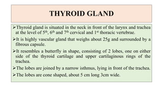 THYROID GLAND
Thyroid gland is situated in the neck in front of the larynx and trachea
at the level of 5th, 6th and 7th cervical and 1st thoracic vertebrae.
It is highly vascular gland that weighs about 25g and surrounded by a
fibrous capsule.
It resembles a butterfly in shape, consisting of 2 lobes, one on either
side of the thyroid cartilage and upper cartilaginous rings of the
trachea.
The lobes are joined by a narrow isthmus, lying in front of the trachea.
The lobes are cone shaped, about 5 cm long 3cm wide.
 